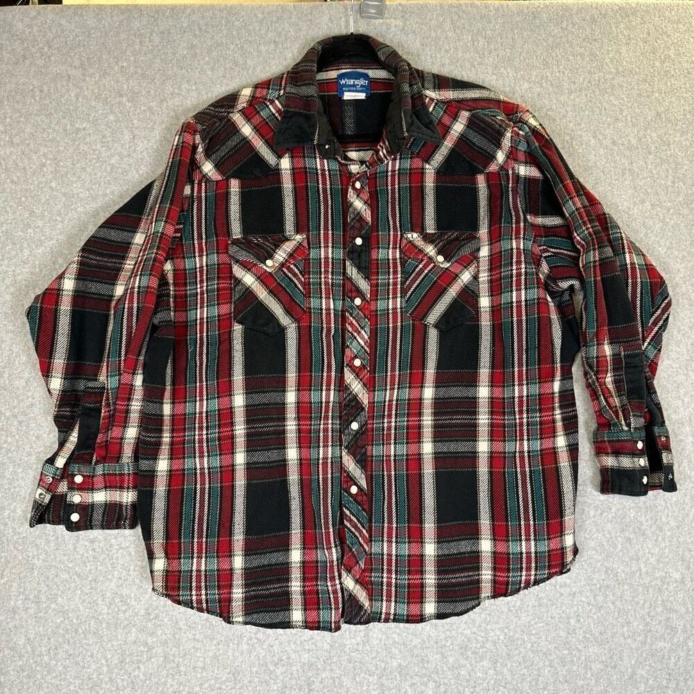 Wrangler Western Mens Size 2X Pearl Snap Front Flannel Shirt Red Black Plaid